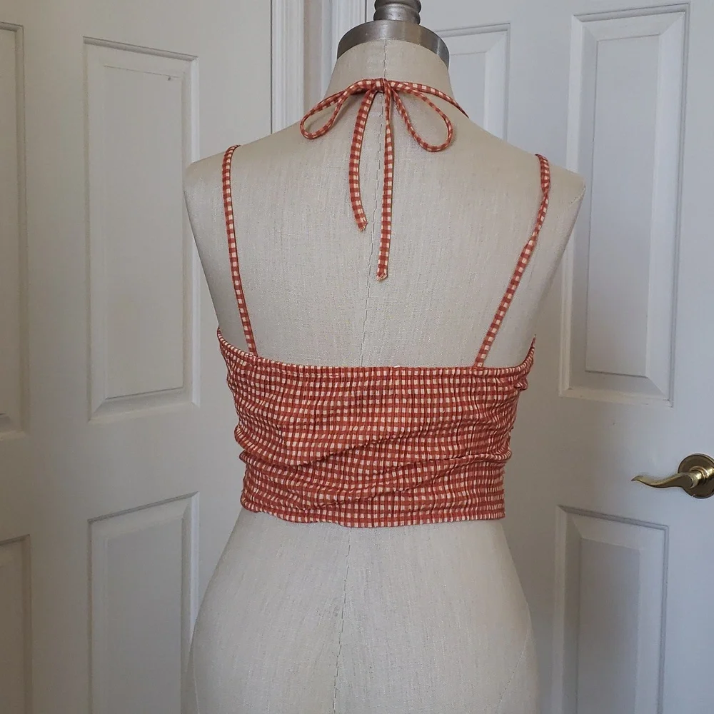 New ZARA Gingham Plaid Checked Cropped Halter Top Ruched Burnt Orange Medium - Picture 6 of 12